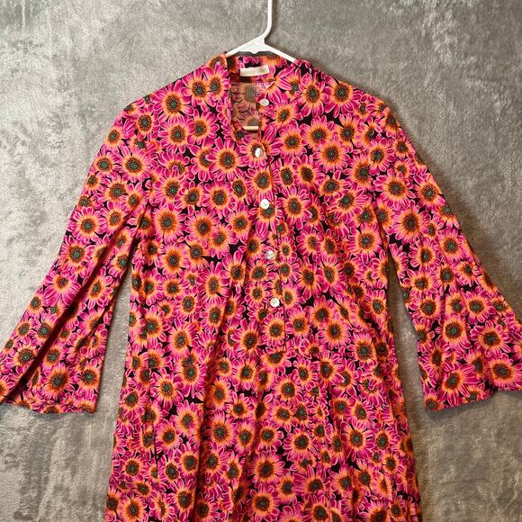 Cheeky Vintage Mod Floral Mini Dress Groovy Pink Sunflower Print Bell Sleeves SM - Picture 2 of 5
